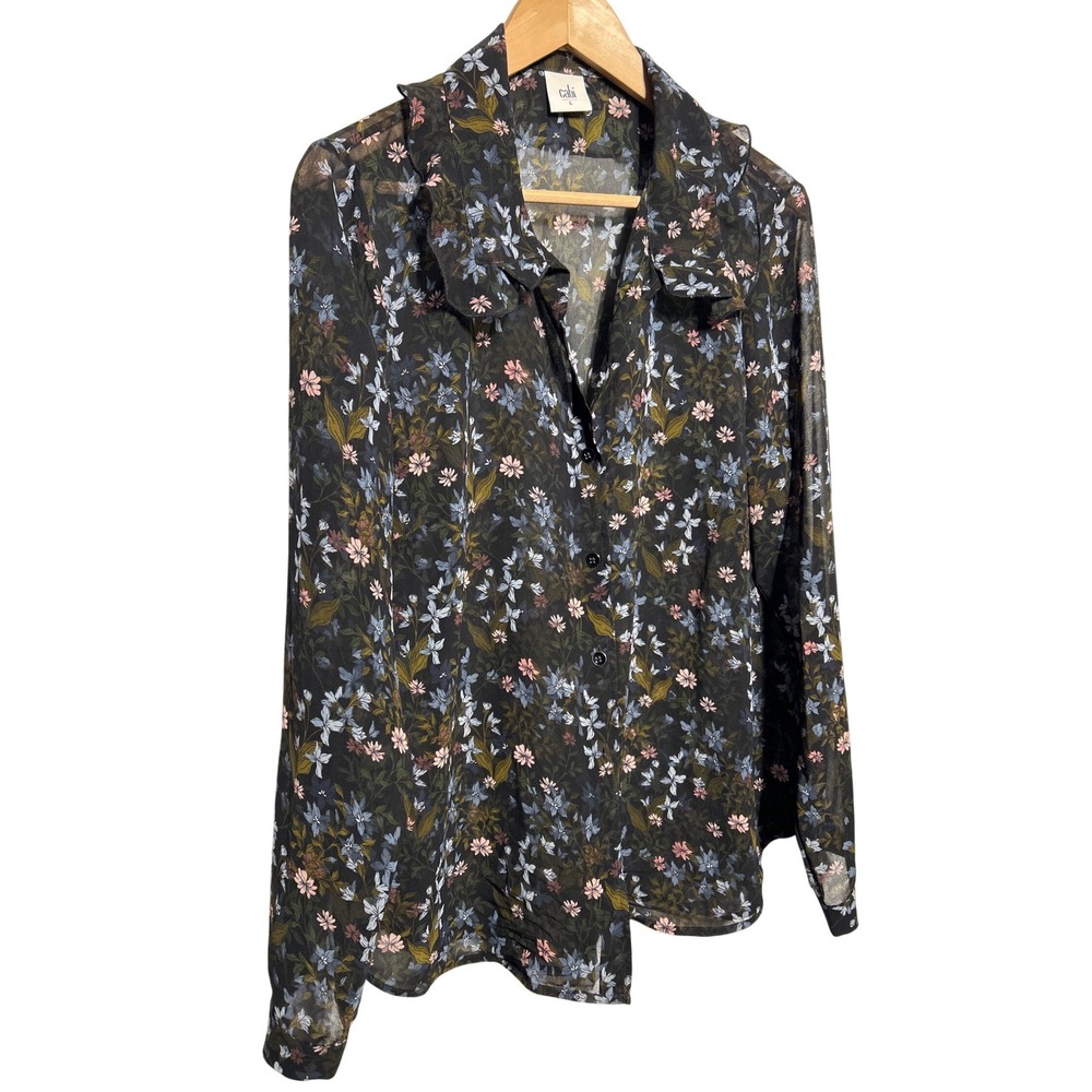 Cabi Sheer Floral Button Down Long Sleeve Blouse Black L Scalloped‎ Collar